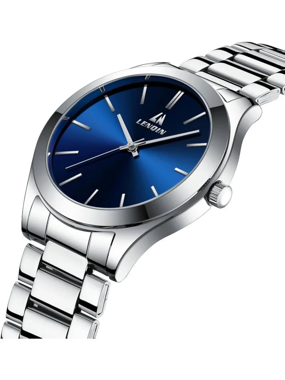 Men's Silver Blue Classic Waterproof Stainless Steel Analog Quartz Luxury Watch
